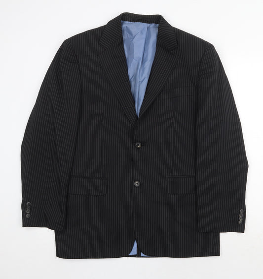 Front view of Preworn men’s black striped polyester jacket suit jacket, size 40, regular
