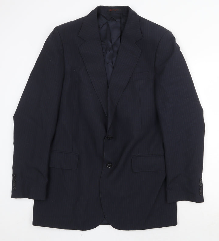 English Manor Mens Blue Striped Polyester Jacket Suit Jacket Size 40 Regular