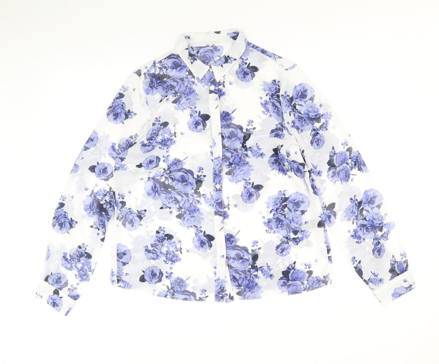 George Womens White Floral Polyester Basic Button-Up Size 12 Collared