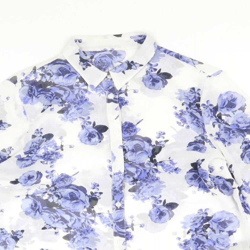 George Womens White Floral Polyester Basic Button-Up Size 12 Collared