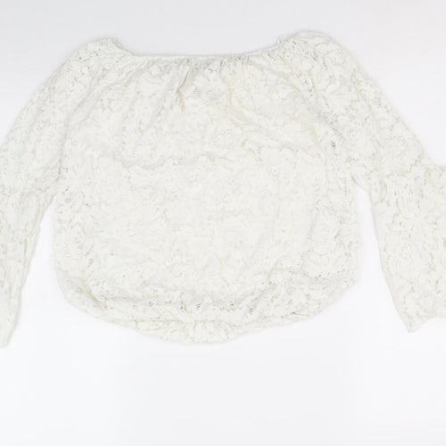 Quiz Womens White Floral Polyester Cropped Blouse Size M Off the Shoulder - Bell Sleeve Bardot