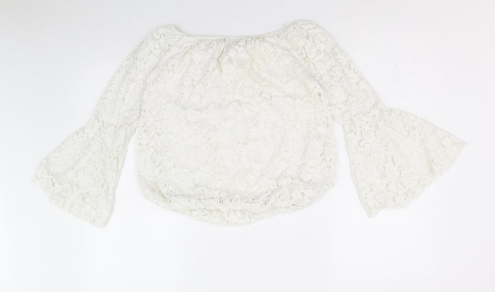 Quiz Womens White Floral Polyester Cropped Blouse Size M Off the Shoulder - Bell Sleeve Bardot