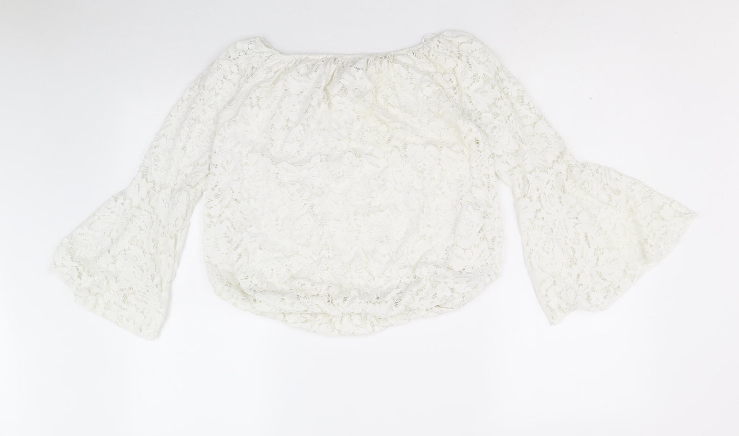 Quiz Womens White Floral Polyester Cropped Blouse Size M Off the Shoulder - Bell Sleeve Bardot