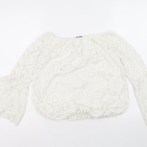 Quiz Womens White Floral Polyester Cropped Blouse Size M Off the Shoulder - Bell Sleeve Bardot