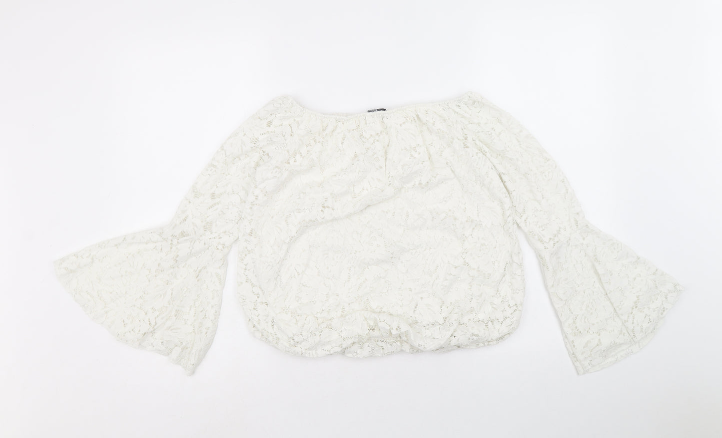 Quiz Womens White Floral Polyester Cropped Blouse Size M Off the Shoulder - Bell Sleeve Bardot