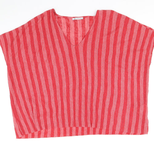 Zara Womens Red Striped Polyester Basic Blouse Size M V-Neck