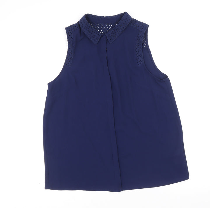 Dorothy Perkins Womens Blue Polyester Basic Button-Up Size 14 Collared - Broderie Anglaise