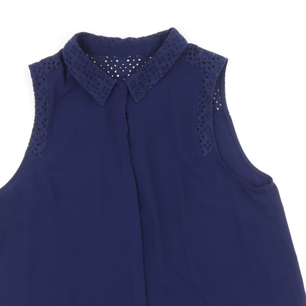 Dorothy Perkins Womens Blue Polyester Basic Button-Up Size 14 Collared - Broderie Anglaise