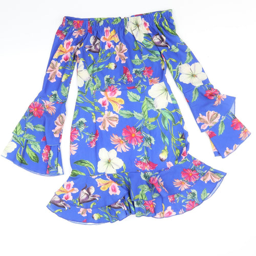 Lustre Womens Blue Floral Polyester Trapeze & Swing Size 6 Off the Shoulder Zip
