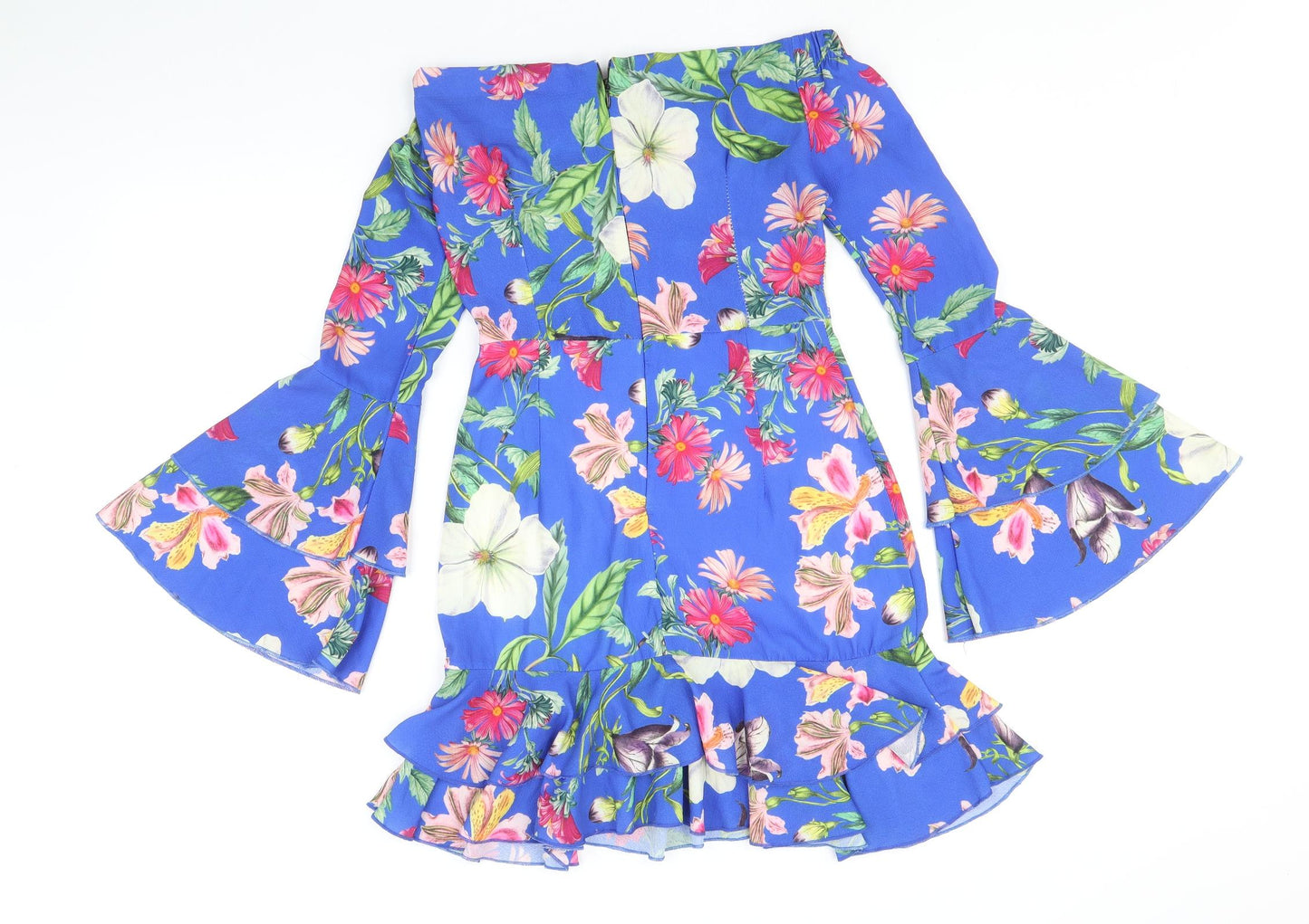 Lustre Womens Blue Floral Polyester Trapeze & Swing Size 6 Off the Shoulder Zip