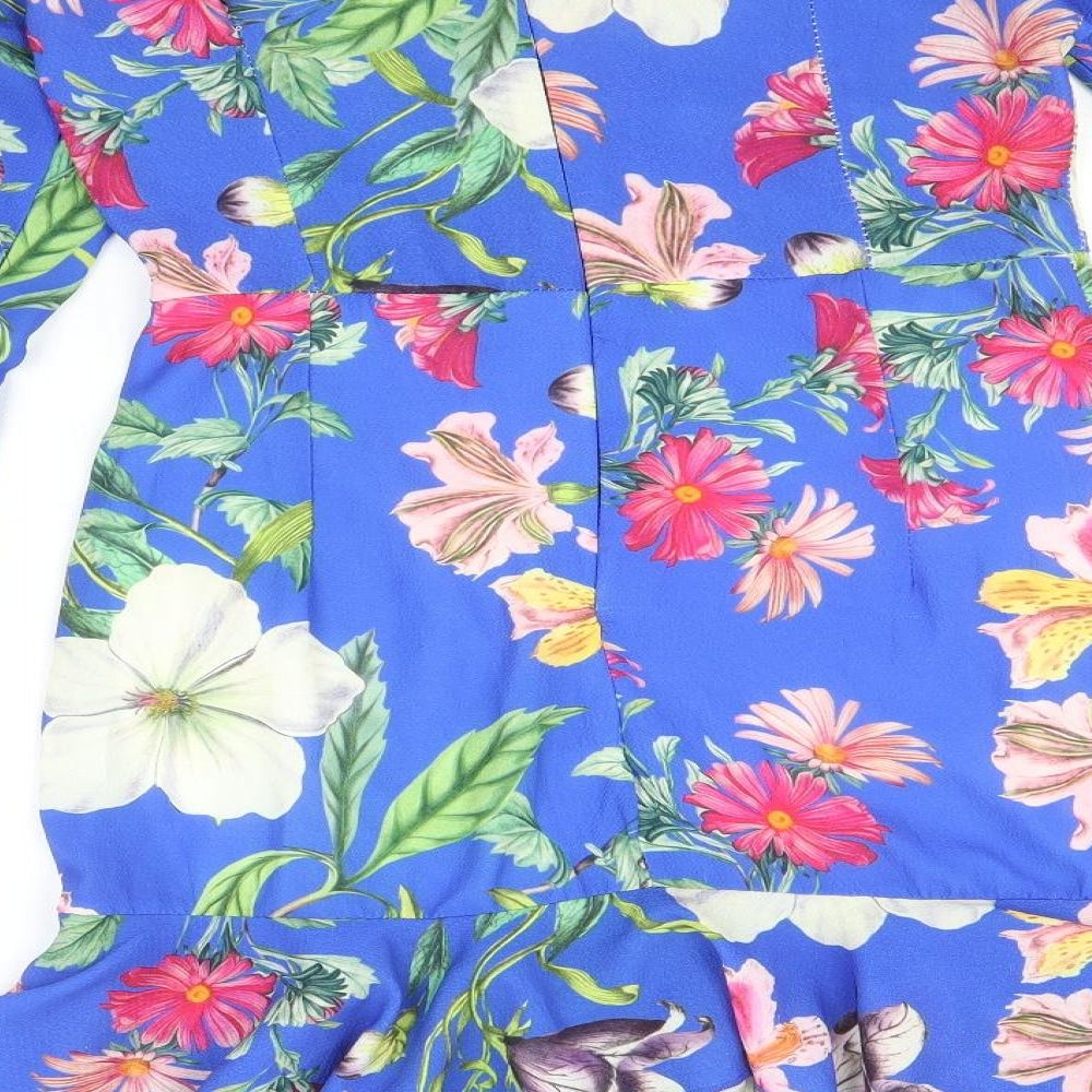 Lustre Womens Blue Floral Polyester Trapeze & Swing Size 6 Off the Shoulder Zip