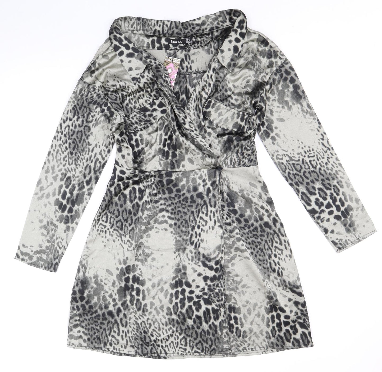 Boohoo Womens Grey Animal Print Polyester Shirt Dress Size 12 V-Neck Zip - Leopard Pattern