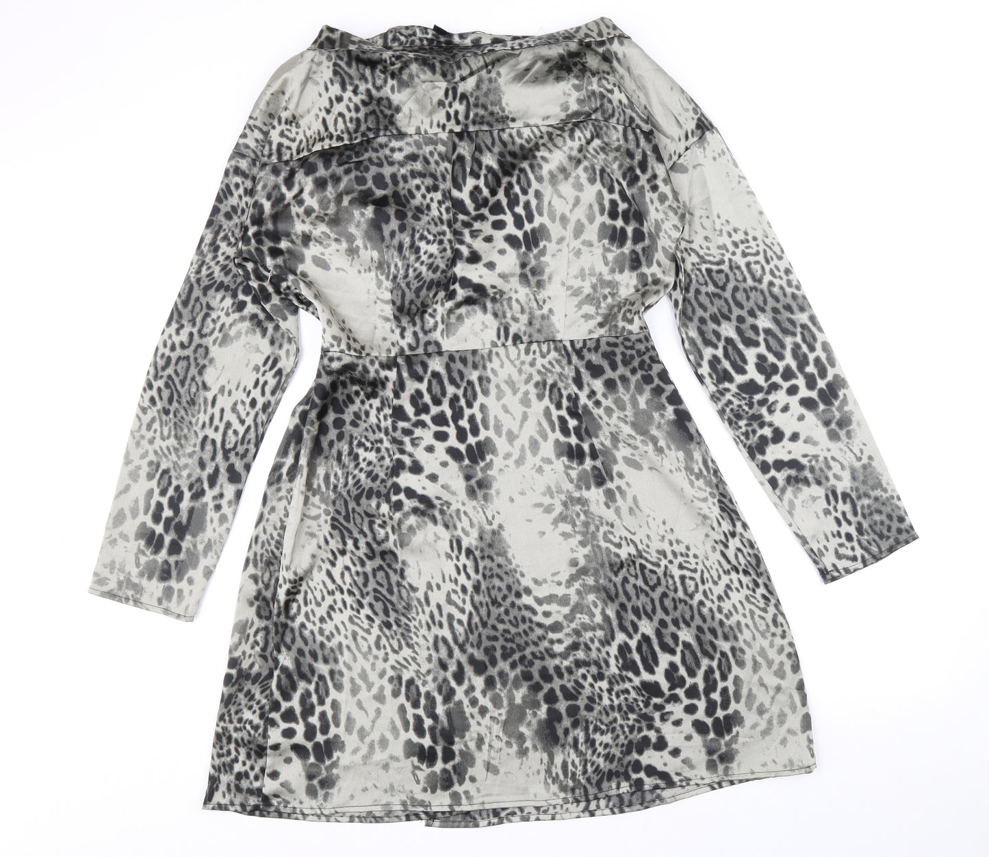 Boohoo Womens Grey Animal Print Polyester Shirt Dress Size 12 V-Neck Zip - Leopard Pattern