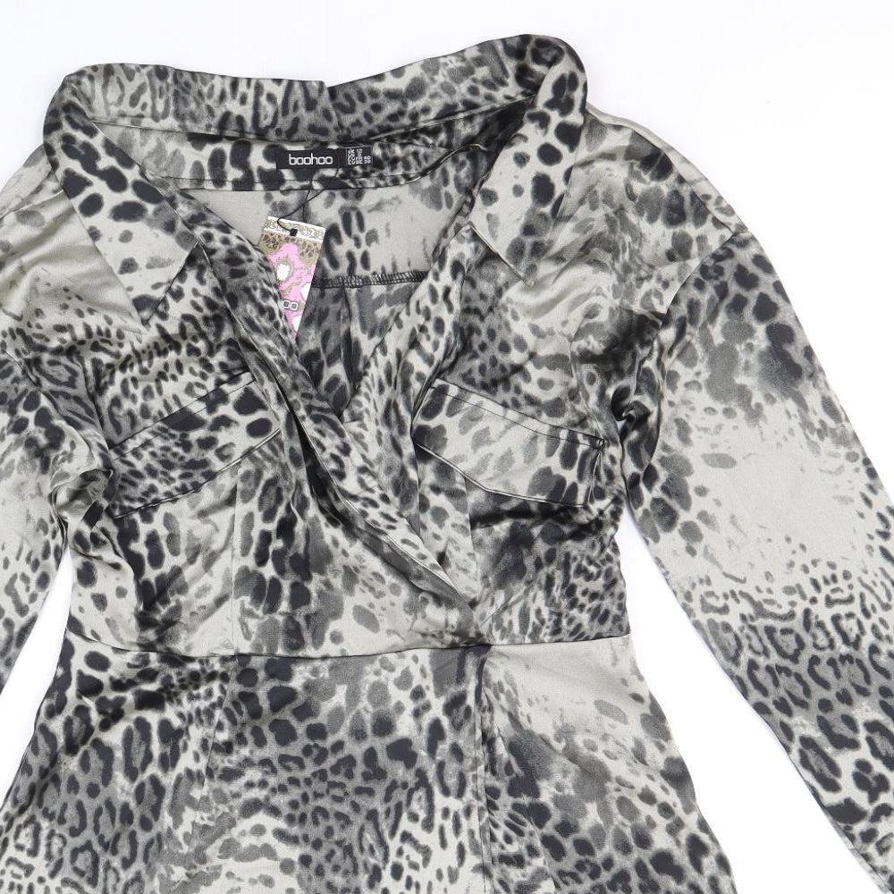 Boohoo Womens Grey Animal Print Polyester Shirt Dress Size 12 V-Neck Zip - Leopard Pattern