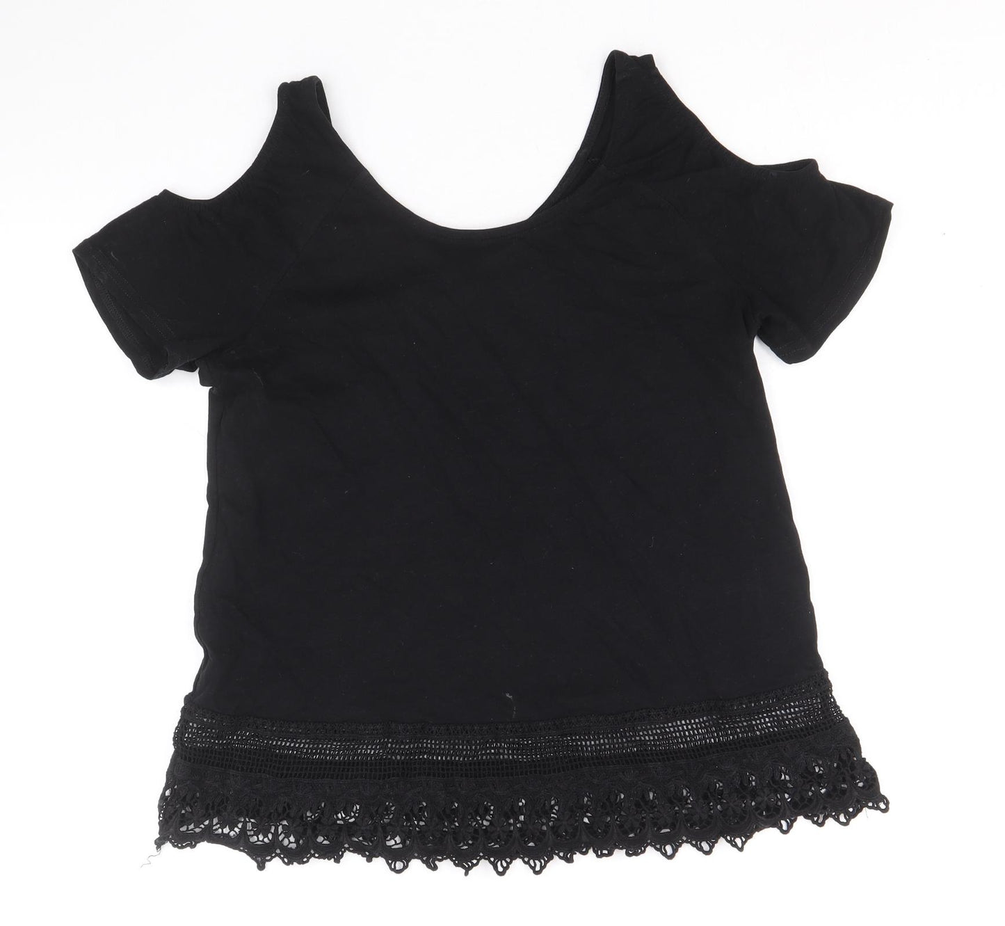 New Look Womens Black 100% Cotton Basic Blouse Size 10 Scoop Neck - Cold Shoulder Crochet Trim