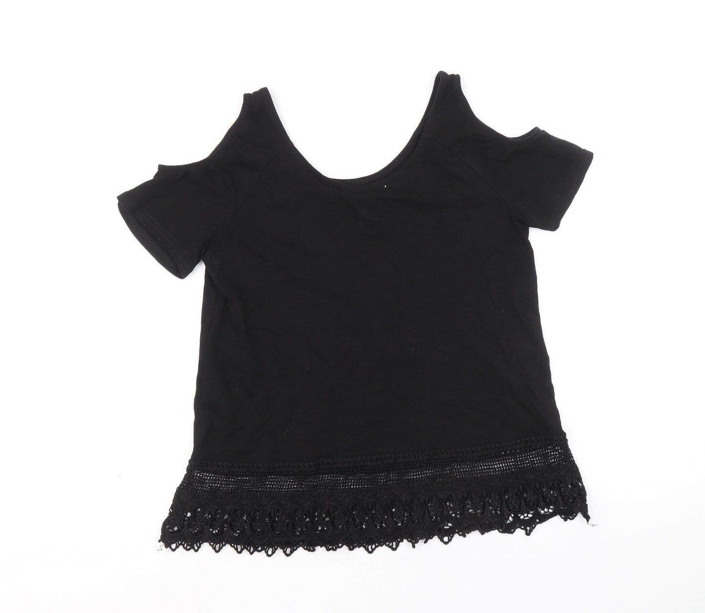 New Look Womens Black 100% Cotton Basic Blouse Size 10 Scoop Neck - Cold Shoulder Crochet Trim