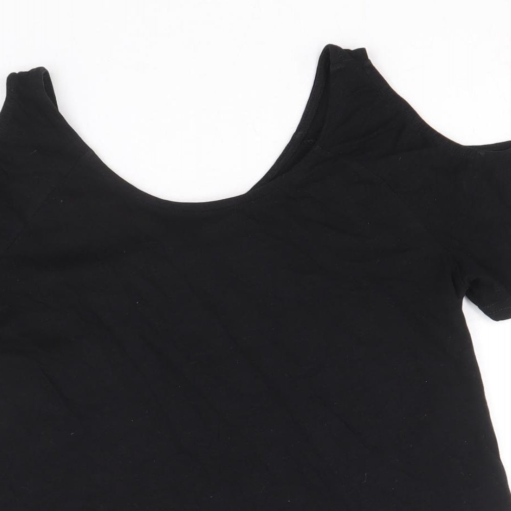 New Look Womens Black 100% Cotton Basic Blouse Size 10 Scoop Neck - Cold Shoulder Crochet Trim