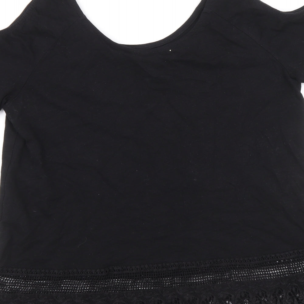 New Look Womens Black 100% Cotton Basic Blouse Size 10 Scoop Neck - Cold Shoulder Crochet Trim