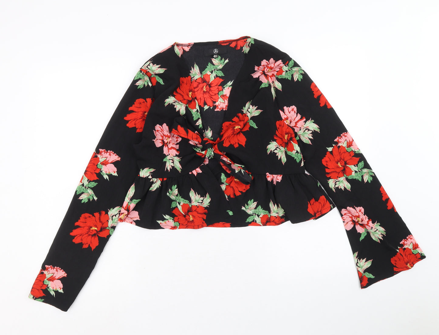 Missguided Womens Black Floral Polyester Cropped Blouse Size 14 V-Neck