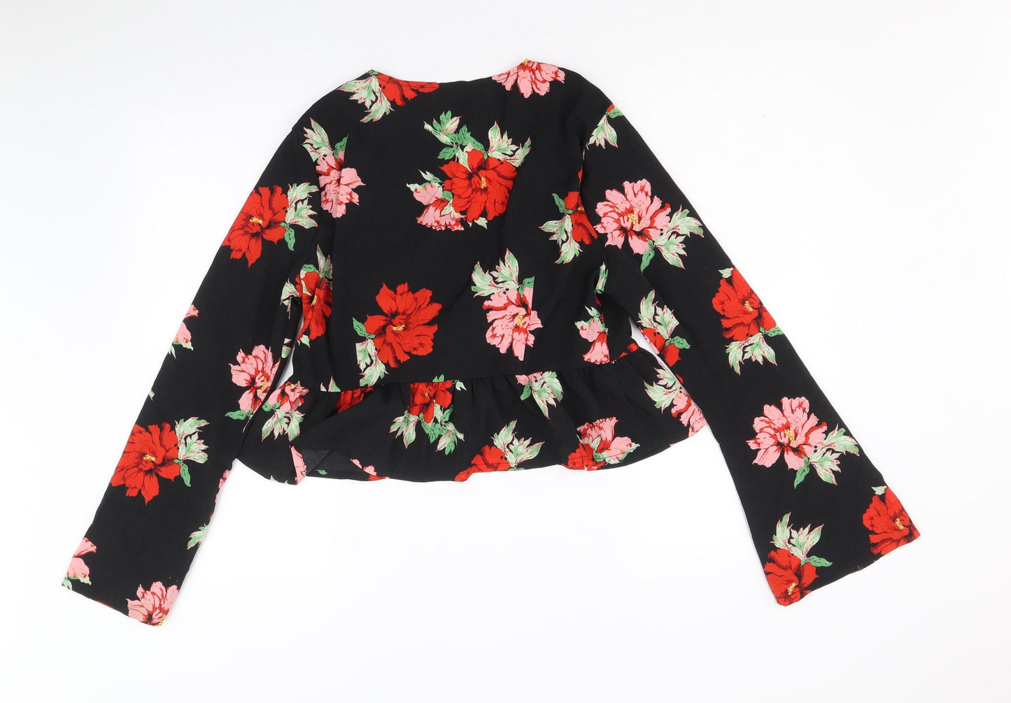 Missguided Womens Black Floral Polyester Cropped Blouse Size 14 V-Neck