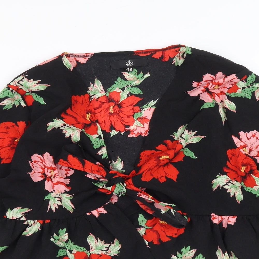Missguided Womens Black Floral Polyester Cropped Blouse Size 14 V-Neck