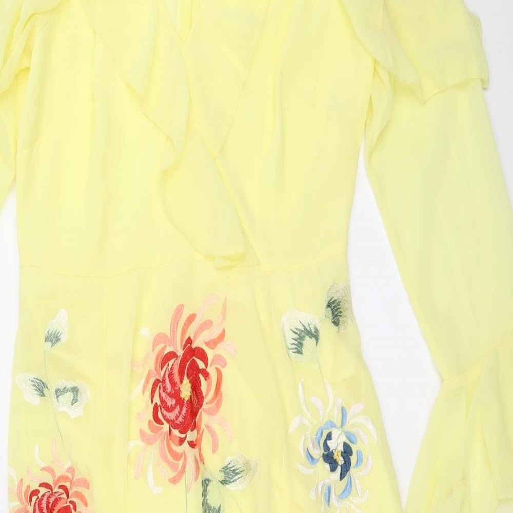 ASOS Womens Yellow Floral Polyester Trapeze & Swing Size 12 V-Neck Zip