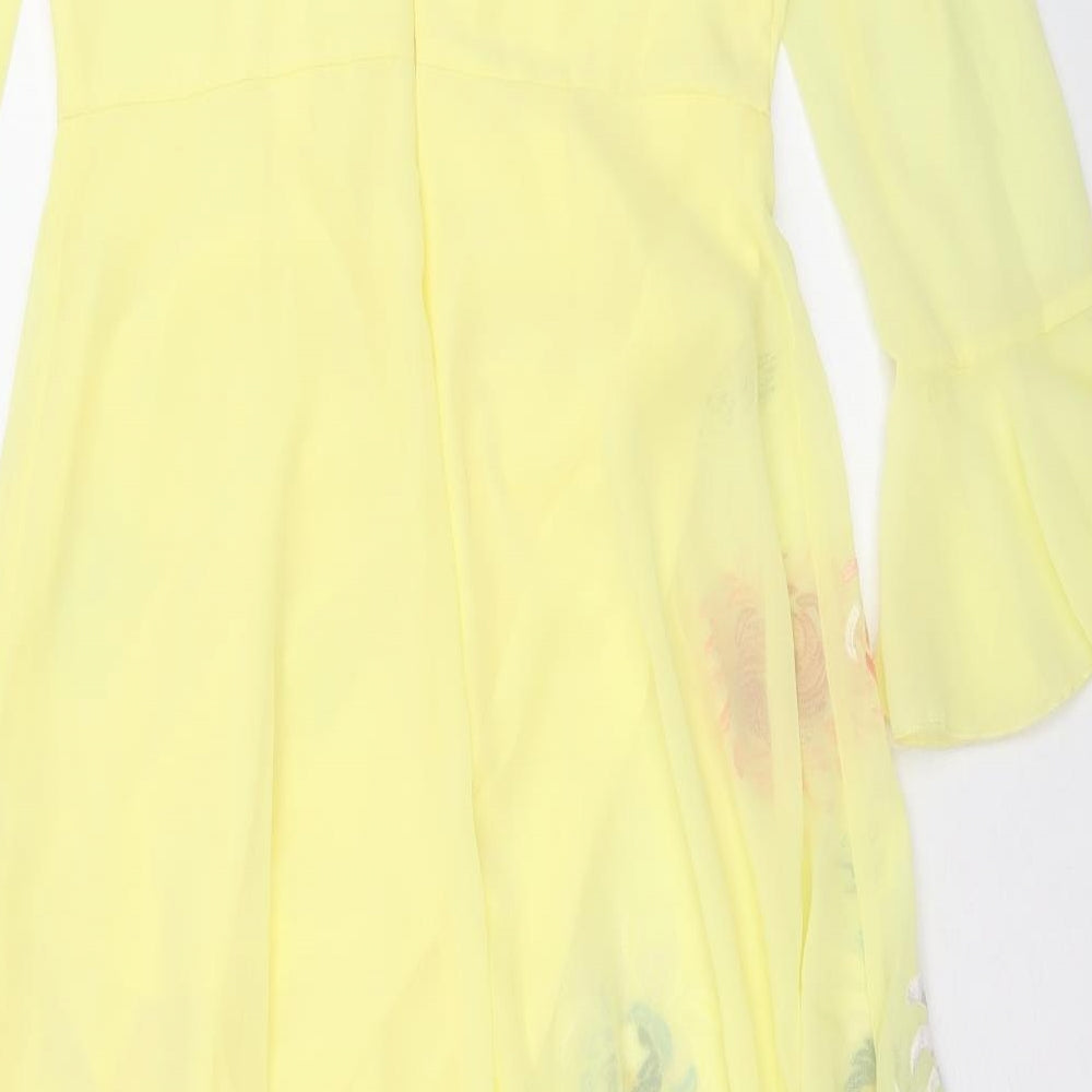 ASOS Womens Yellow Floral Polyester Trapeze & Swing Size 12 V-Neck Zip