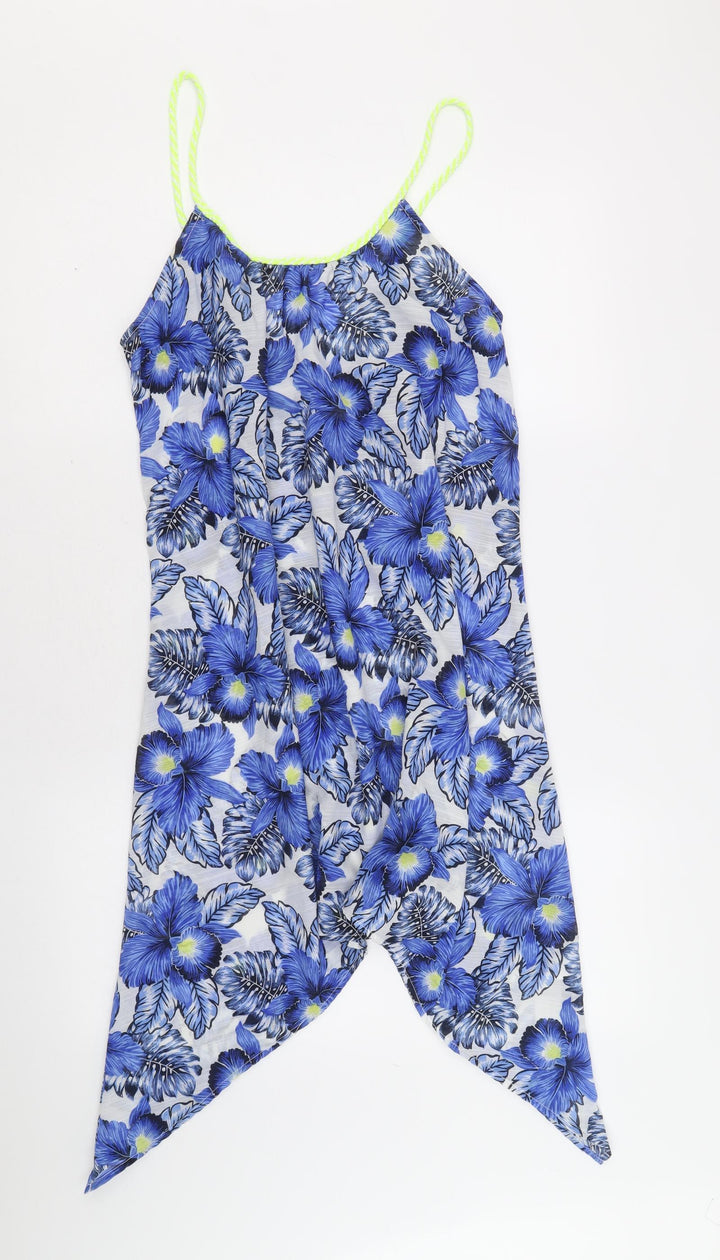 New Look Womens Blue Floral Polyester Tank Dress Size M Round Neck Pullover