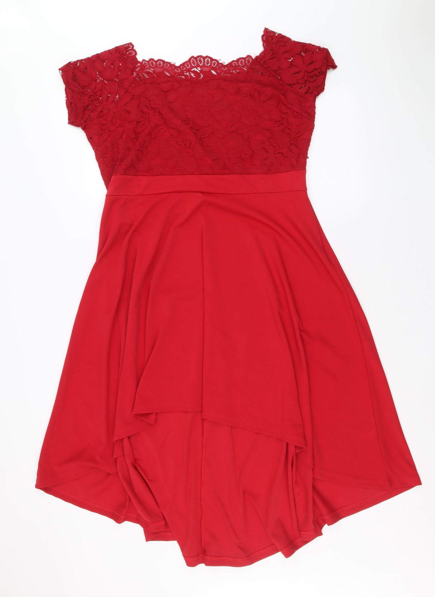 Preworn Womens Red Polyester Ball Gown Size XL Square Neck Zip