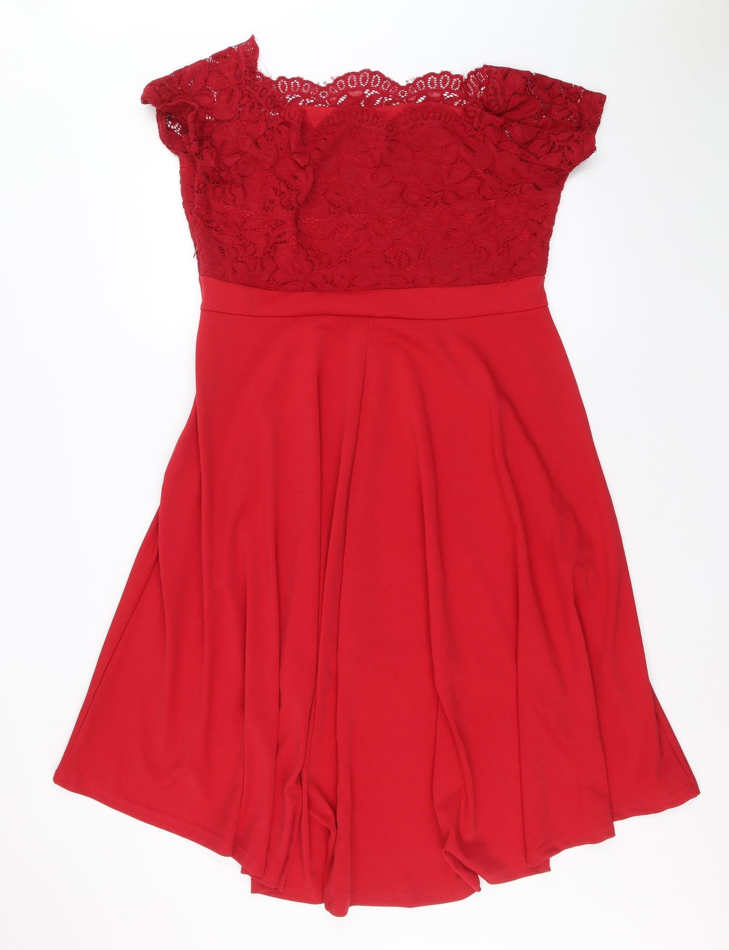 Preworn Womens Red Polyester Ball Gown Size XL Square Neck Zip