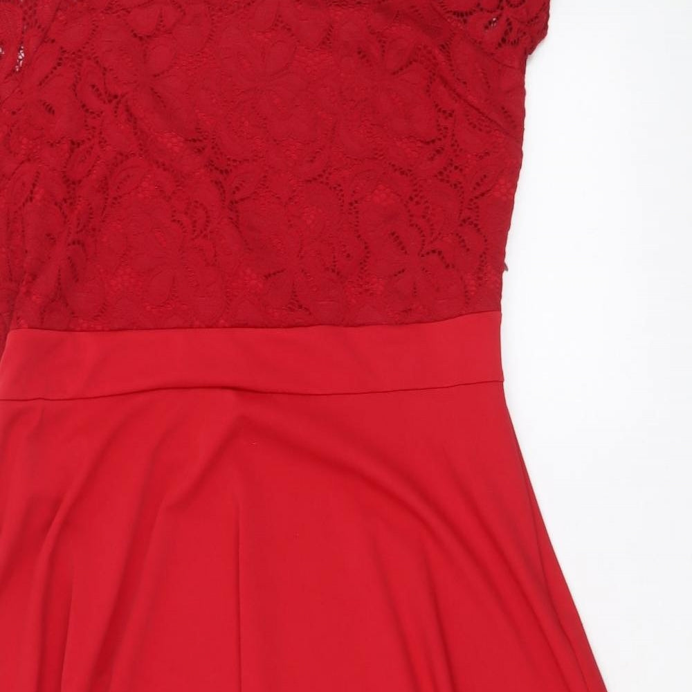 Preworn Womens Red Polyester Ball Gown Size XL Square Neck Zip