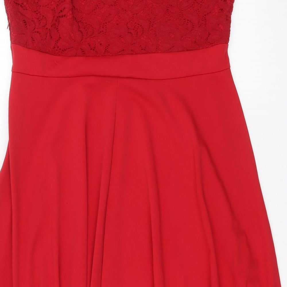 Preworn Womens Red Polyester Ball Gown Size XL Square Neck Zip