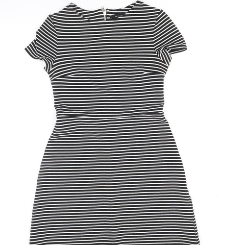 Dorothy Perkins Womens Black Striped Polyester Fit & Flare Size 10 Round Neck Zip