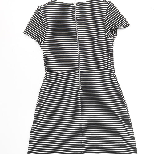 Dorothy Perkins Womens Black Striped Polyester Fit & Flare Size 10 Round Neck Zip