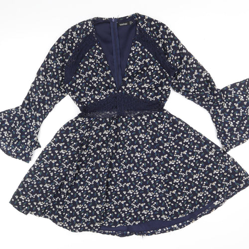 Boohoo Womens Blue Floral Polyester Fit & Flare Size 8 V-Neck Zip