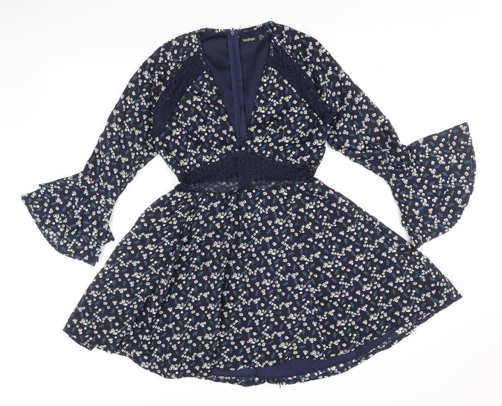 Boohoo Womens Blue Floral Polyester Fit & Flare Size 8 V-Neck Zip