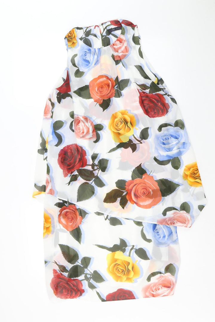 Marks and Spencer Womens White Floral Polyester A-Line Size 8 Round Neck Pullover