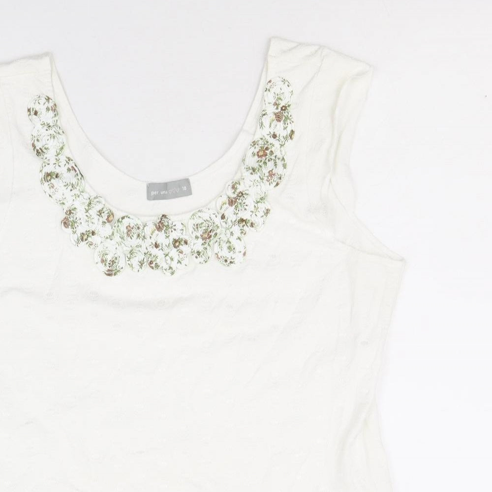 Per Una Womens White Cotton Basic Tank Size 18 Scoop Neck - Floral Decal