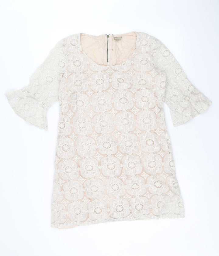 M&Co Womens Ivory Geometric Nylon A-Line Size 14 Round Neck Zip