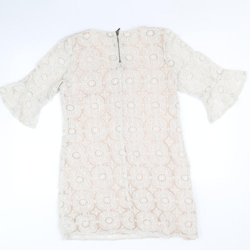 M&Co Womens Ivory Geometric Nylon A-Line Size 14 Round Neck Zip