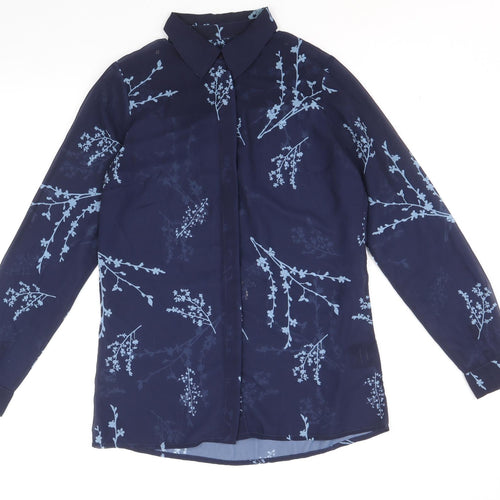 Sosandar Womens Blue Floral Polyester Basic Button-Up Size 8 Collared