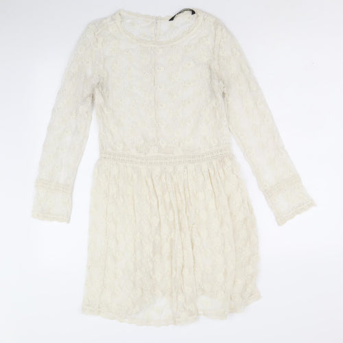 Zara Womens Ivory Geometric Polyester Fit & Flare Size S Round Neck Button