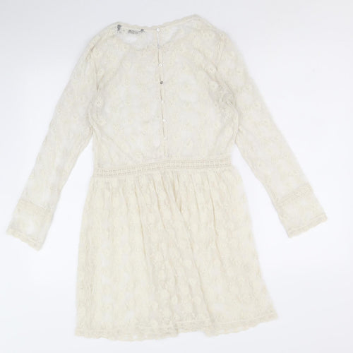 Zara Womens Ivory Geometric Polyester Fit & Flare Size S Round Neck Button