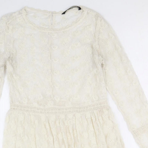 Zara Womens Ivory Geometric Polyester Fit & Flare Size S Round Neck Button