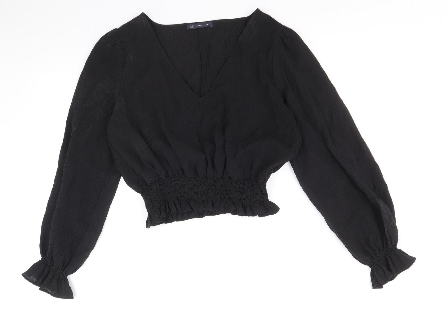 Marks and Spencer Womens Black Lyocell Cropped Blouse Size 12 V-Neck