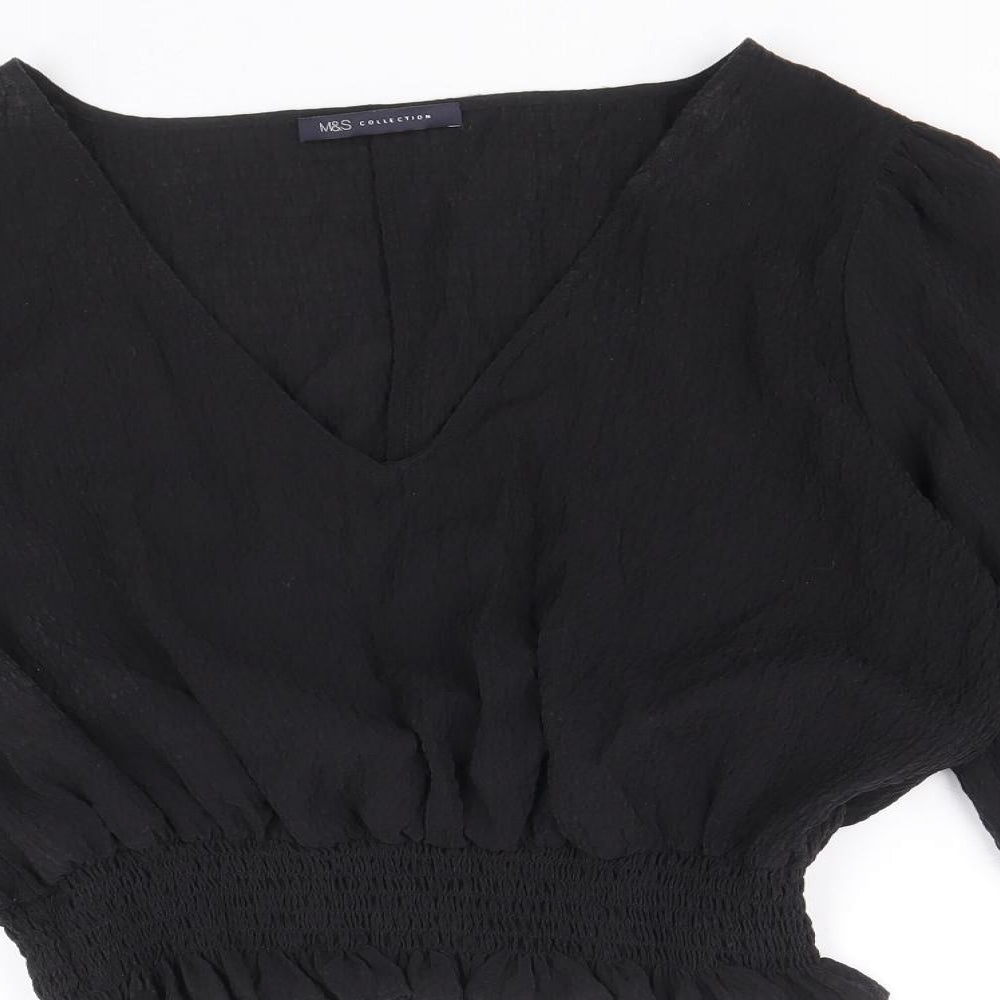 Marks and Spencer Womens Black Lyocell Cropped Blouse Size 12 V-Neck