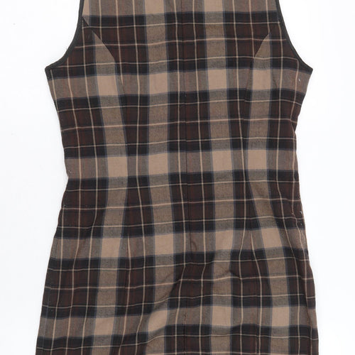 Parisian Womens Beige Plaid Polyester A-Line Size M Round Neck