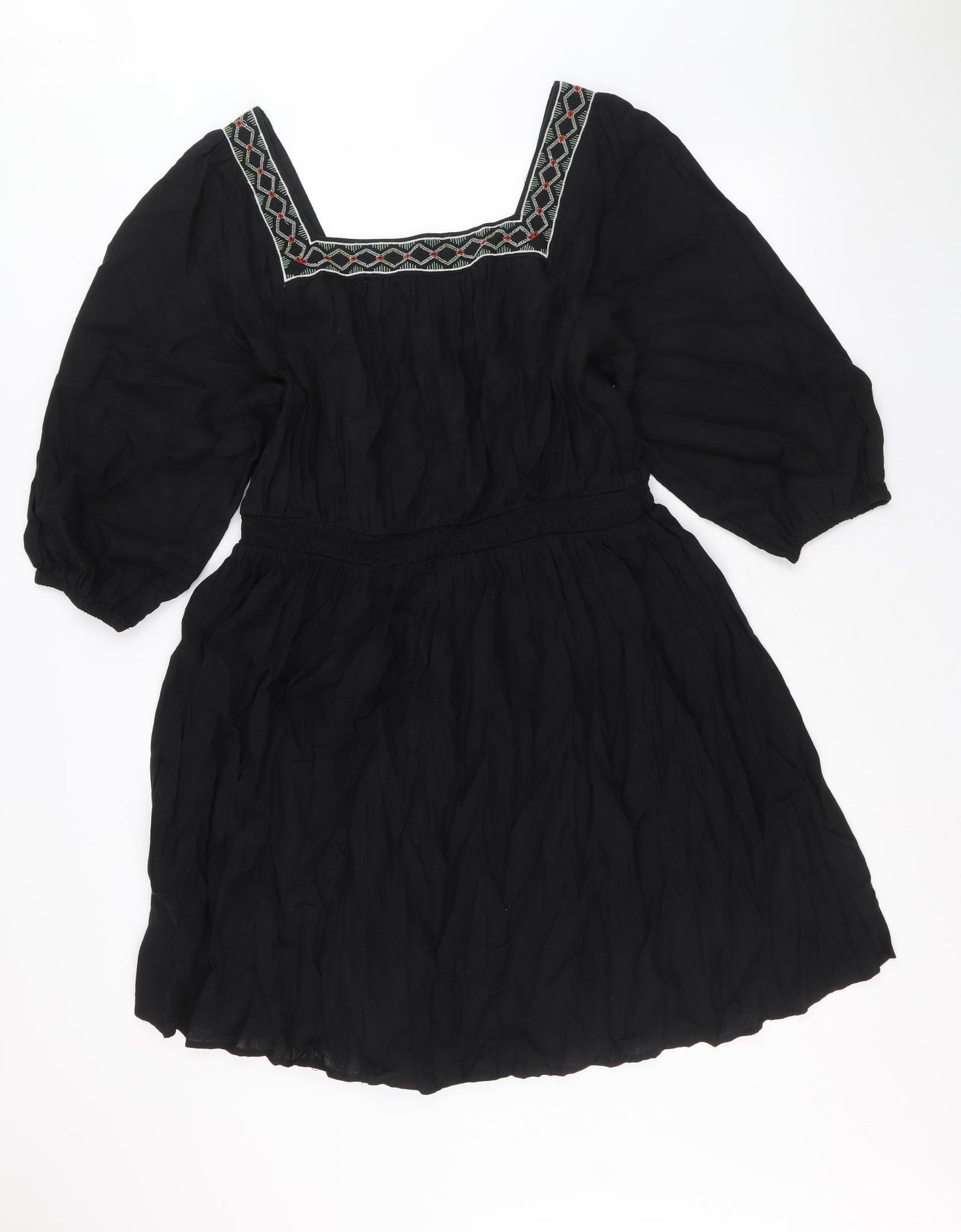 Marks and Spencer Womens Black Geometric Linen Fit & Flare Size 14 Square Neck Pullover