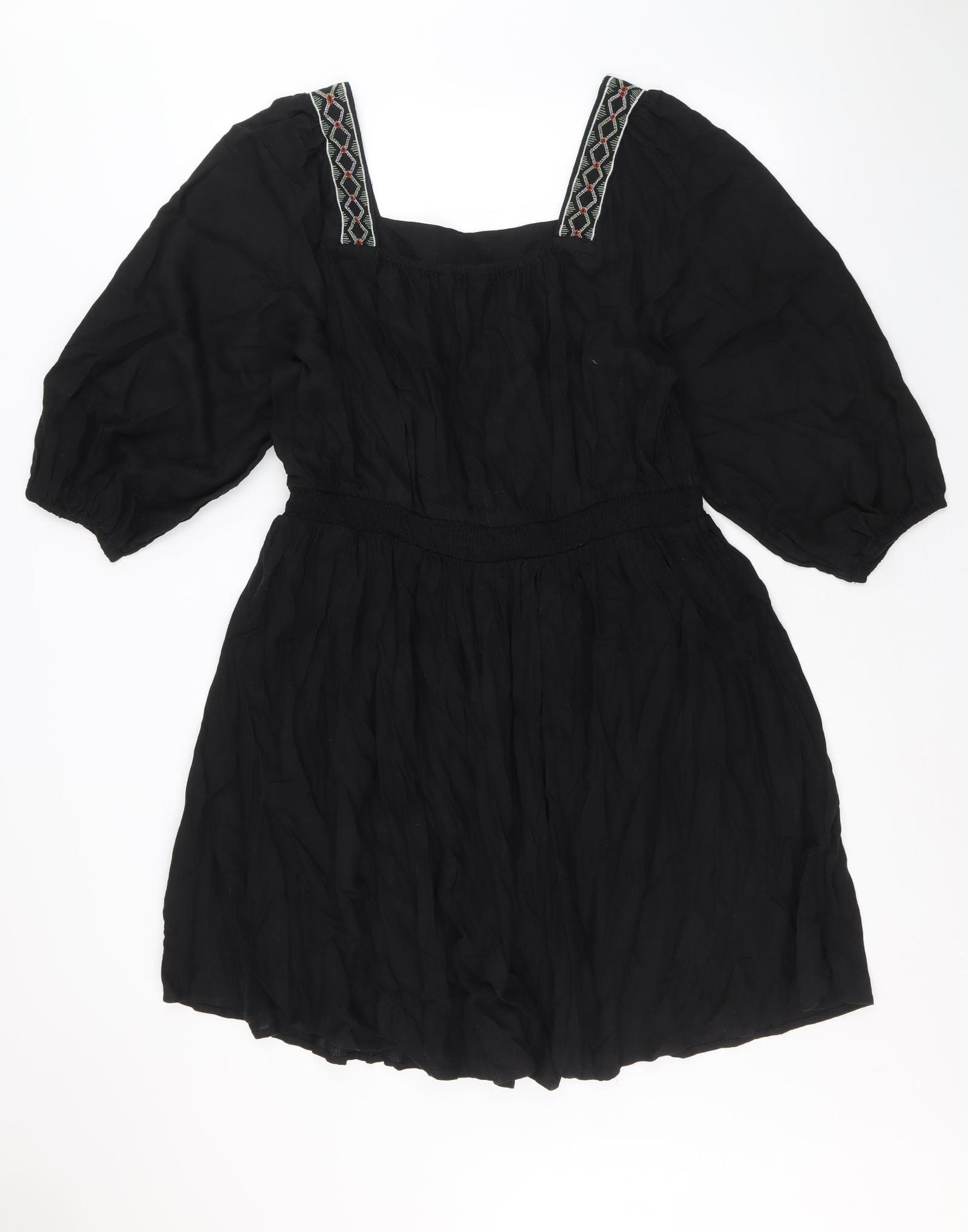 Marks and Spencer Womens Black Geometric Linen Fit & Flare Size 14 Square Neck Pullover