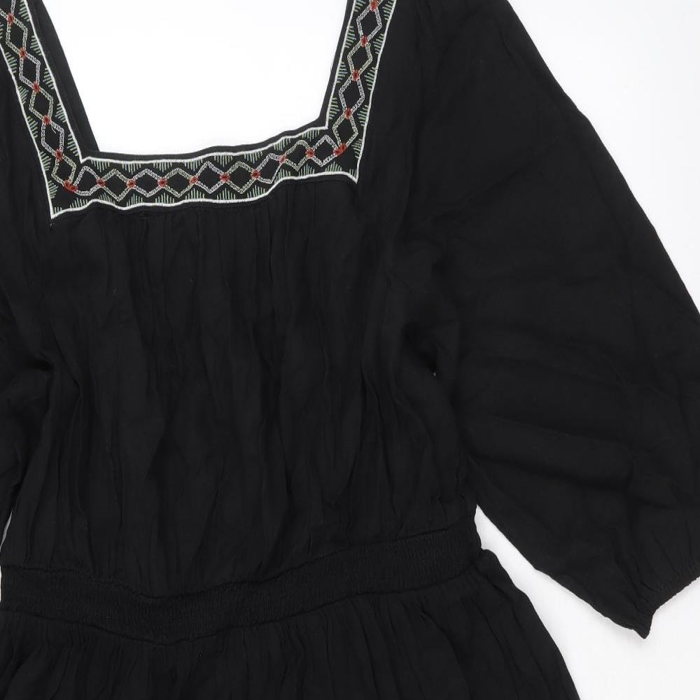 Marks and Spencer Womens Black Geometric Linen Fit & Flare Size 14 Square Neck Pullover